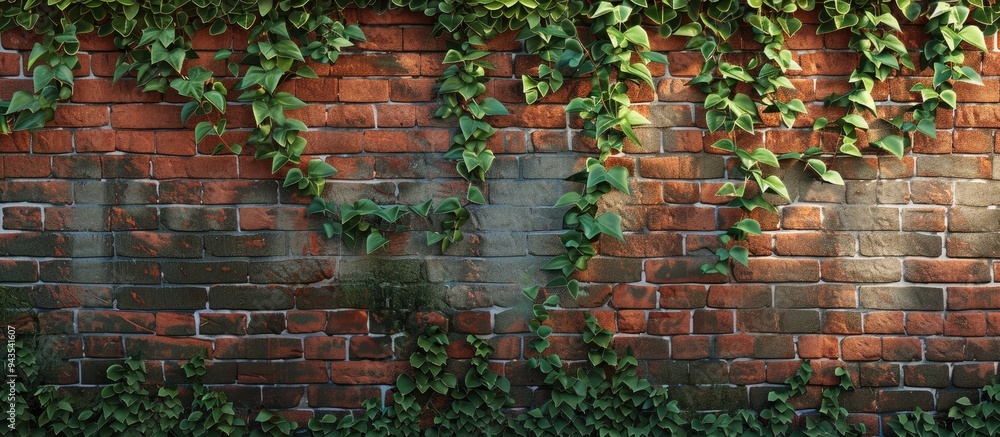 Poster old brick wall adorned with ivy creating a picturesque copy space image