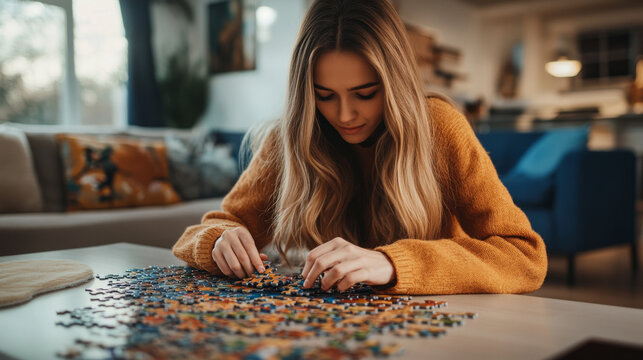 Woman doing a puzzle in the living room