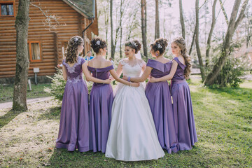 A bride and her five bridesmaids are posing for a picture in a field. The bride is wearing a white...