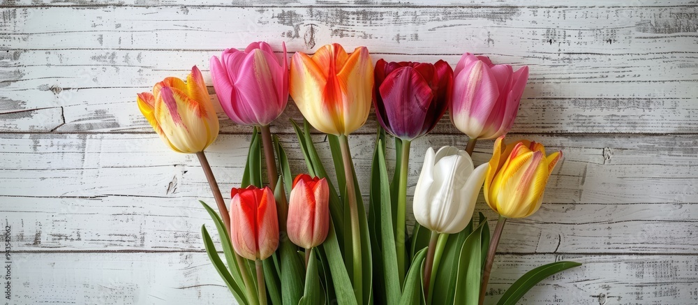 Aufkleber vibrant tulip bunch displayed on weathered white wooden backdrop ideal for easter themed visuals wit