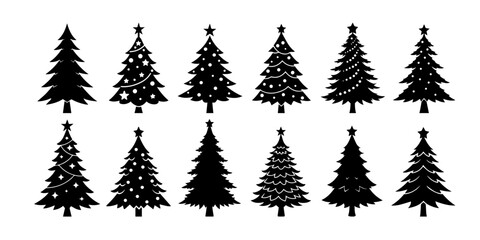 Obraz premium Big set of winter silhouette Christmas tree black, outline on white background. Isolated