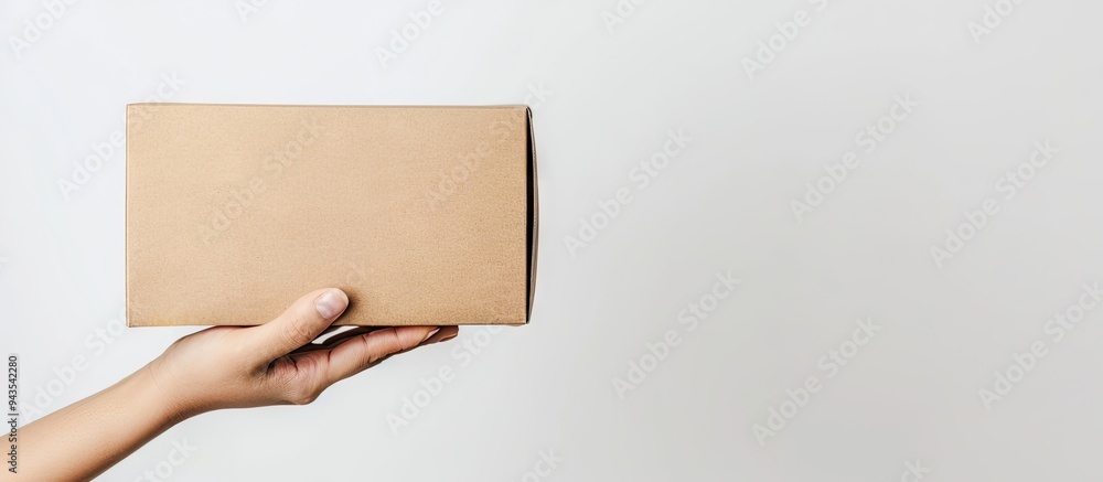 Aufkleber A picture of a hand holding a brown paper box with a plain white background conveying a delivery or shipping idea with ample copy space image included