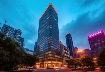 Office building glass and city skyline, ai