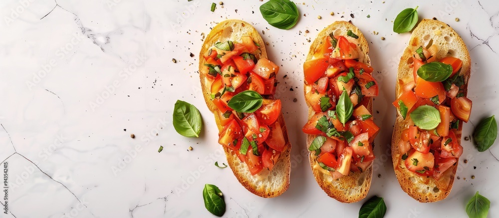 Aufkleber top down view of cheesy bruschetta with tomatoes and basil on a white tiled surface allowing for cop