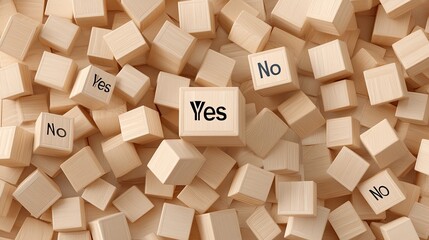 Fototapeta premium Wooden cubes with the words yes and no are arranged amidst a wooden background, reflecting choices and decisions. The top view emphasizes the natural texture of the surface