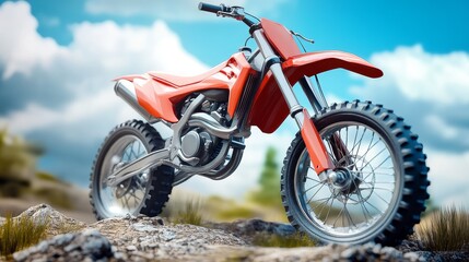 A red dirt bike stands on a rocky terrain with a blue sky and white clouds in the background.