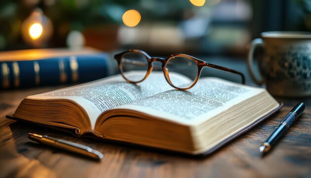 Book lying open on a wooden desk, with a pen and reading glasses nearby, Scholarly, Warm, Detailed