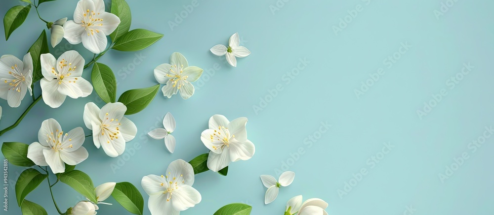 Poster light blue background with lovely jasmine flowers ideal for text placement copy space image