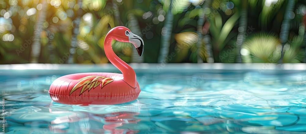 Aufkleber a flamingo rubber ring drifts in a luxurious pool at a hotel resort serving as a fun inflatable acce