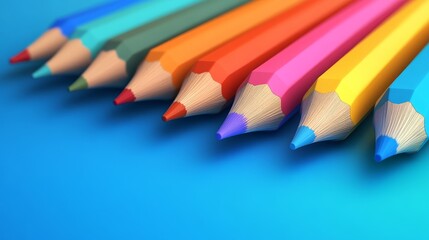 A row of colorful pencils laid out on a blue background, showcasing creativity and art supplies.