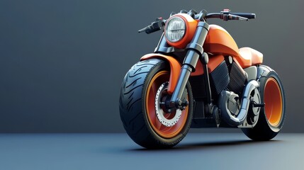 A sleek, orange motorcycle with a chrome frame stands against a gray background. The motorcycle's front wheel is in focus, and the background is blurred.