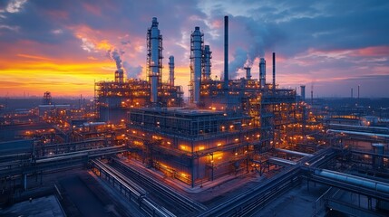 A hybrid carbon capture system captures emissions at dusk, with smoke rising from tall chimneys against a vibrant sky.