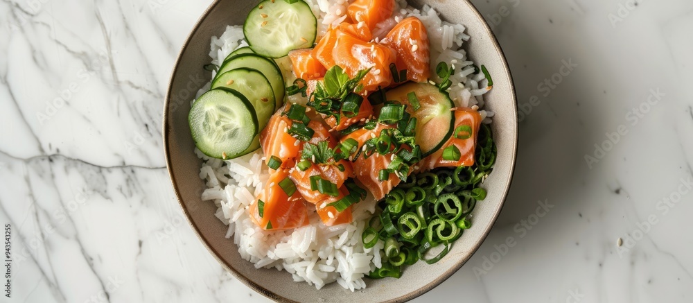 Aufkleber Salmon and rice with cucumbers set against a white marble backdrop captured from above in a copy space image