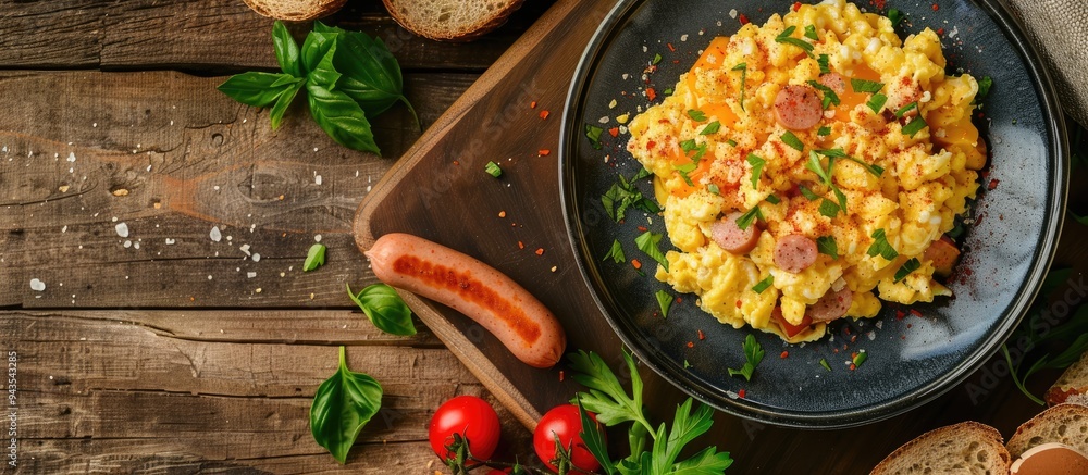 Poster scrambled eggs with vegetables sausages herbs cherry tomatoes bread in a picturesque plate setting w
