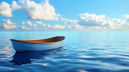 Naklejka premium A small white boat floats peacefully on a calm blue sea under a bright sky with fluffy white clouds.