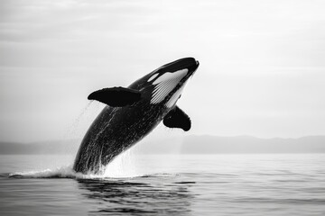 Fototapeta premium Majestic black and white killer whale breaching the surface of the ocean in stunning photography