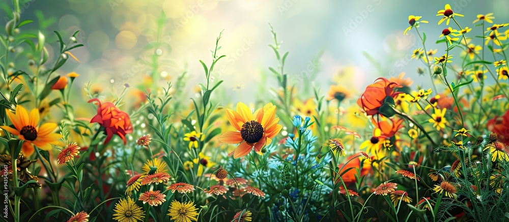 Fototapete a vibrant garden filled with various summer flowers creating a scenic background with a focus on a s