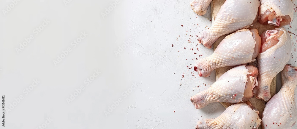 Aufkleber Top view of raw poultry drumsticks on a butcher board against a white background with space for text or graphics copy space image