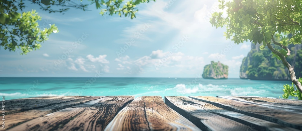 Leinwandbilder Sea view on an island with a charming wooden log serving as a table background featuring ample copy space for an image
