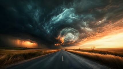 Fototapeta premium 1. A dramatic road stretching toward an approaching storm, with dark, swirling clouds and occasional flashes of lightning on the horizon. The road, lined with ominous shadows and strong winds, leads