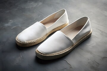 Fototapeta premium White espadrilles slip-on shoes paar mockup on grey textured background. Copy space. Template