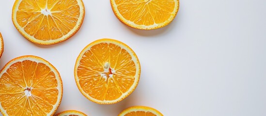 Fresh orange slices artfully displayed on a pristine white backdrop with copy space image