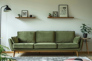 Olive Green Sofa with Wooden Legs in Modern Decor Room, White Wall, Shelves with Accessories, Black Lamp, and Geometric Rug