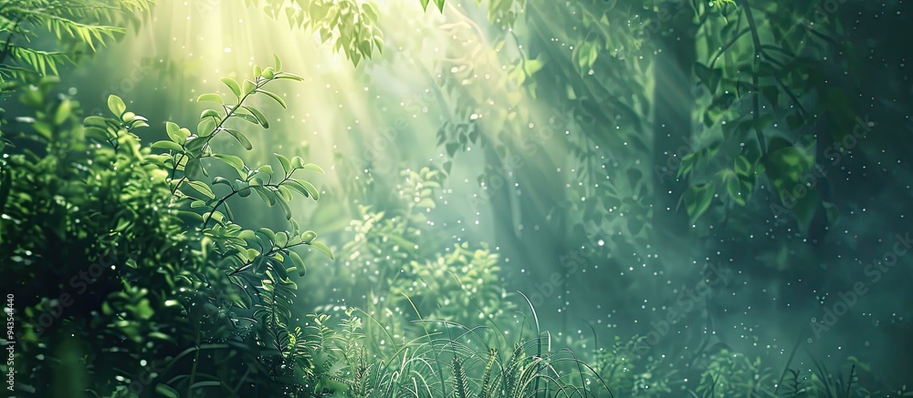 Poster spate of peaceful woodland scene showing sunlight filtering through a dense green forest emphasizing