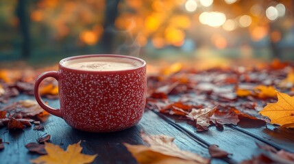 A steaming cup of coffee rests on a wooden table adorned with autumn leaves in a warm afternoon sunlight