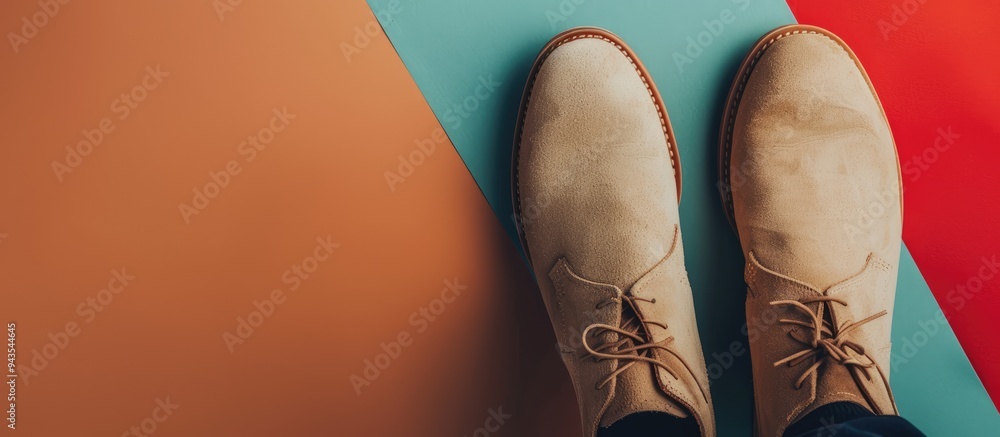 Sticker Top view of beige suede shoes against a colored backdrop with a space for adding images. Creative banner. Copyspace image