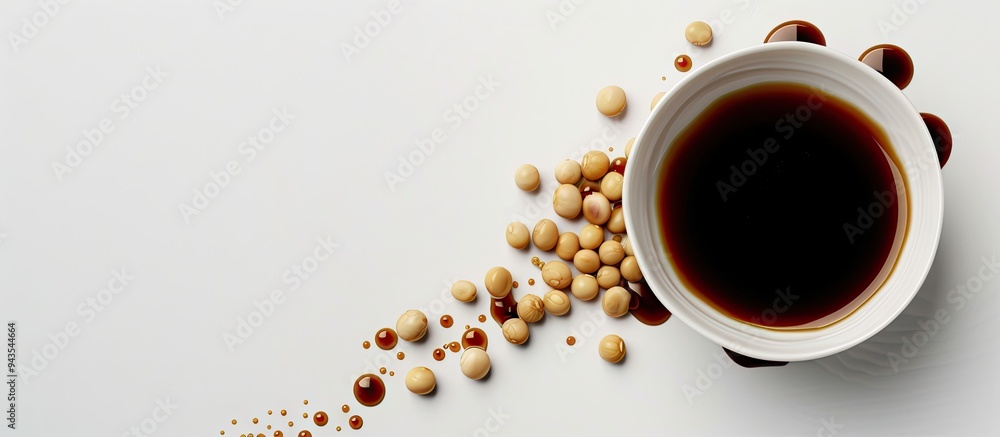 Poster White background with a copy space image featuring soy sauce and soybeans
