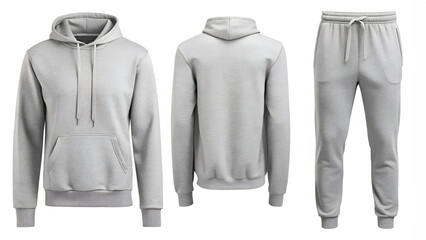 Men's sportswear grey suit hoodie front and back view mockup and trousers isolated on white background. Man tracksuit cloth mock up template for design. PNG