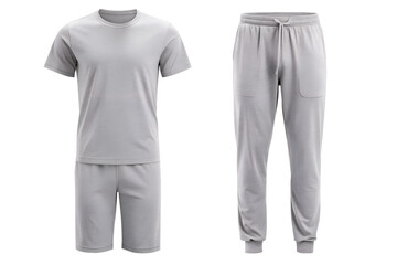 Men's sportswear grey suit tshirt mockup, shorts , pajamas  and trousers isolated on transparent background. Man grey tracksuit cloth mock up template for design. PNG