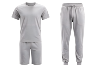Men's sportswear grey suit tshirt mockup, shorts , pajamas  and trousers isolated on transparent background. Man grey tracksuit cloth mock up template for design. PNG