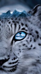 Naklejka premium a leopard with a blue eye and a mountain in the background