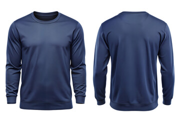 Set of dark blue front and back view tee sweatshirt mockup template isolated on transparent background with copy space. Sweater, long sleeve, hoodie mock up. PNG