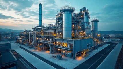 Obraz premium A hybrid carbon capture system operates at an industrial site, showcasing advanced technology and equipment as twilight descends.