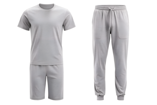 Men's sportswear grey suit tshirt mockup, shorts , pajamas  and trousers isolated on transparent background. Man grey tracksuit cloth mock up template for design. PNG