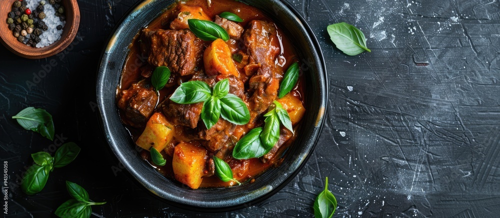 Poster beef goulash made at home garnished with basil sprigs in a copy space image
