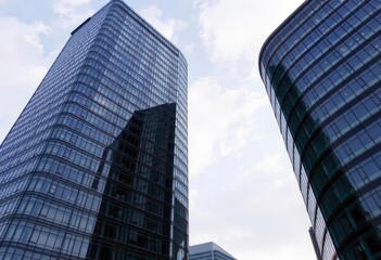 Office building glass and city skyline, ai
