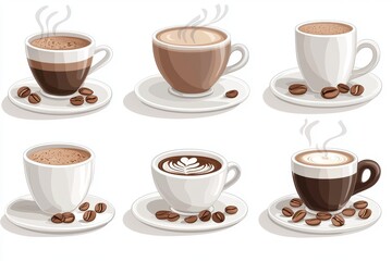 Clipart set with watercolor coffee elements, morning drinks, espresso, cappuccino, delicious beverages on a white background, with generative AI.