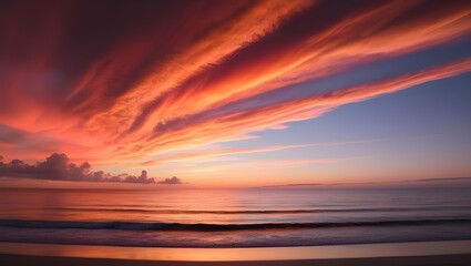 Fototapeta premium A vibrant sunset over a calm ocean, with the sky ablaze in shades of orange, pink, and purple, and gentle waves lapping at the shore.