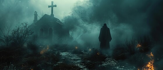 Fototapeta premium Mysterious Figure Stands Before an Old Church in a Foggy Night