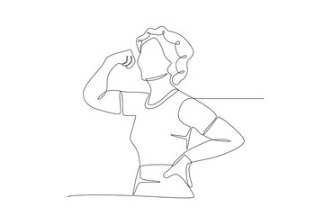 Older woman showing off muscles. Active older women concept one-line drawing