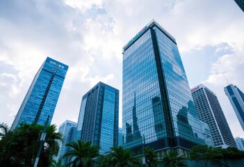 Fototapeta premium Office building glass and city skyline, ai