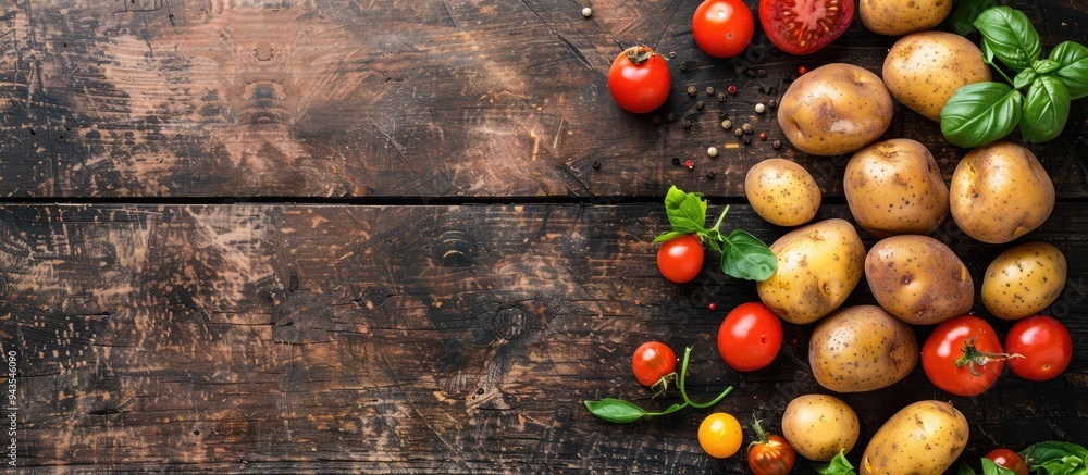 Poster Fresh potato appetizer on a rustic table with copy space image for a top view food background