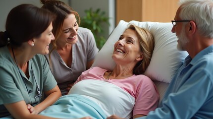 Obraz premium Family Support for Hospitalized Patient: Loving Relatives Visiting Elderly Woman in Medical Care Facility