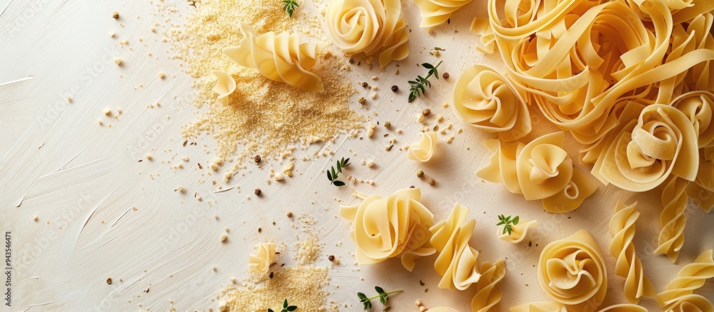 Aufkleber light background enhances the composition with various uncooked pastas and thyme offering copy space