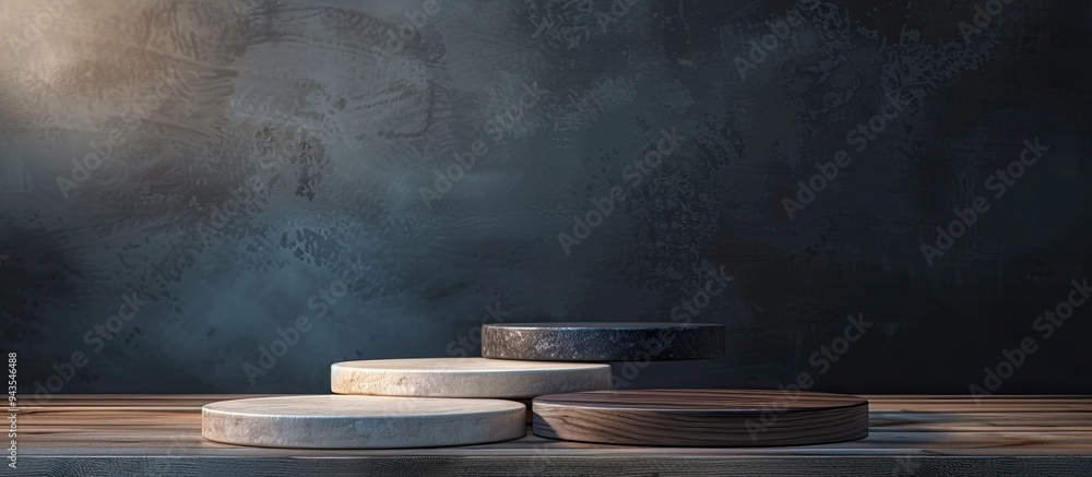 Poster variety of podiums displayed on a wooden table for product photography with copy space image