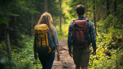 Fototapeta na wymiar Young couple hiking in the forest